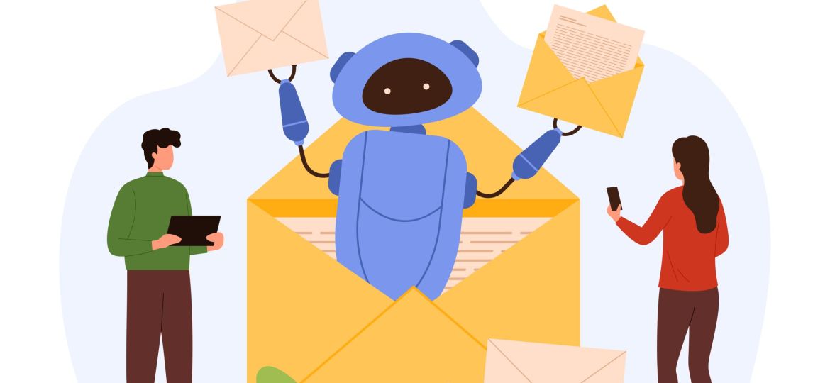 Automated mail service with AI, digital helpdesk support of robot from open envelope