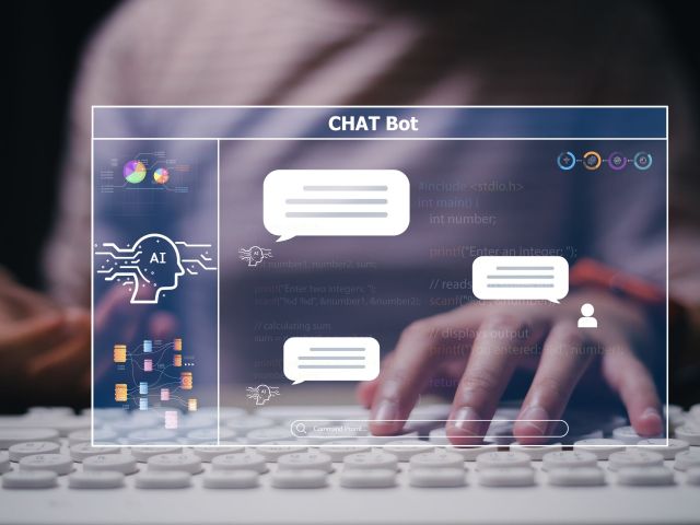 Chat with AI or Artificial Intelligence technology. Man using a