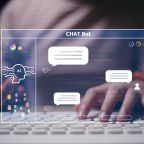 Chat with AI or Artificial Intelligence technology. Man using a laptop computer chatting with an intelligent artificial intelligence asks for the answers he wants. Smart assistant futuristic,